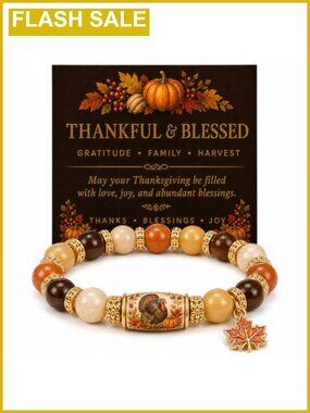 Thanksgiving Beaded Bracelet Natural Stone Gold Tone Turkey Charm 20 In